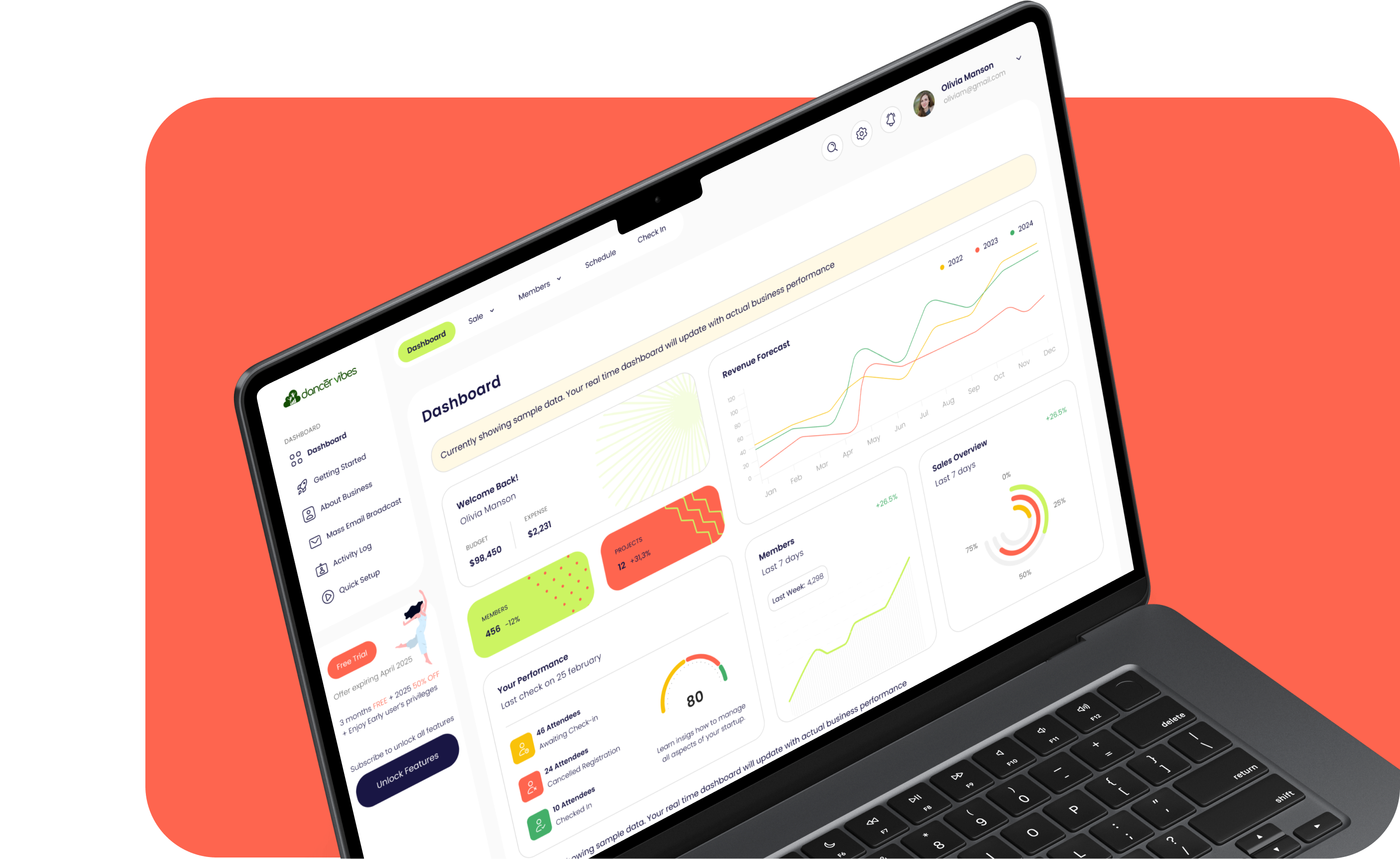 DancerVibes dashboard on laptop