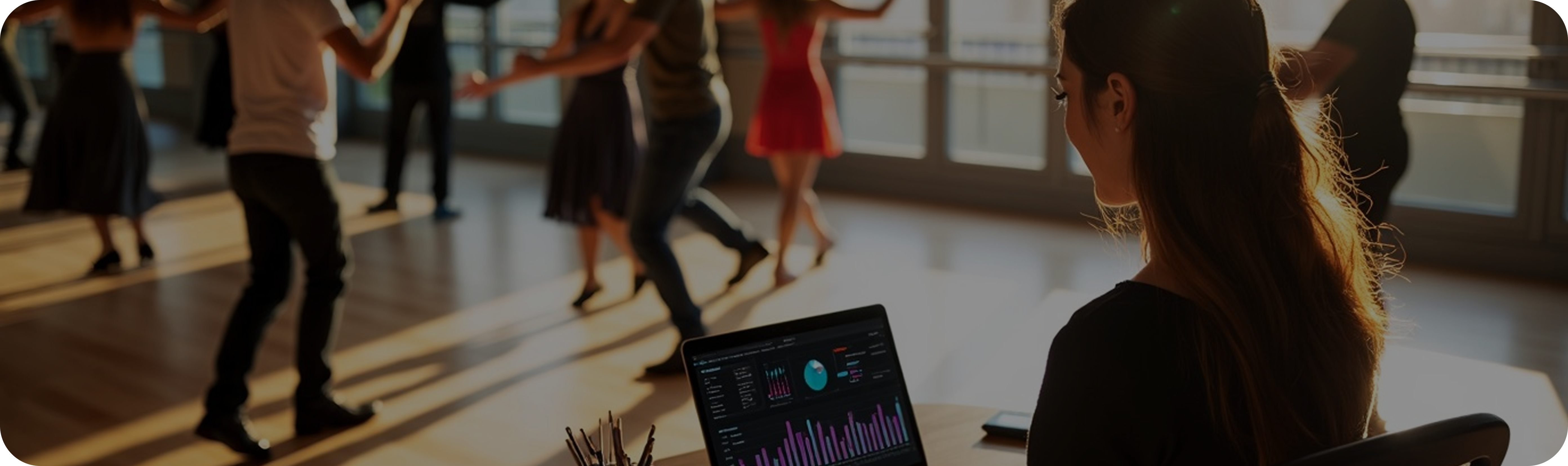 People dancing at a social dance event with analytics dashboard
