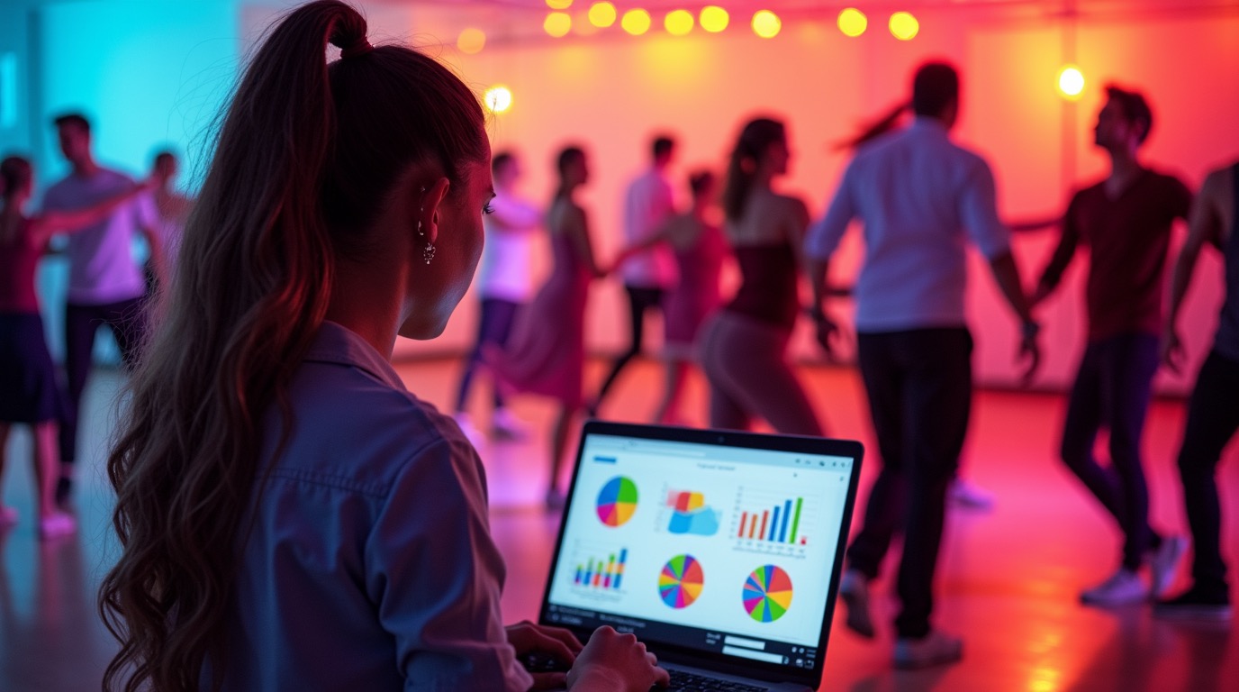 People dancing at a social dance event with analytics dashboard